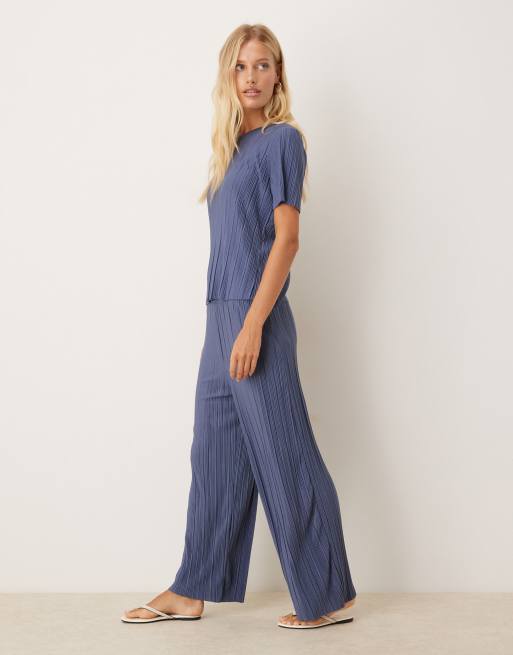 VILA wide leg plisse pants in vintage indigo blue - part of a set, 4 of 5