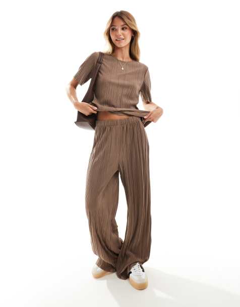 Vila wide leg plisse trouser co-ord in brown - view 1