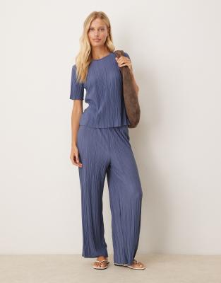 Vila wide leg plisse trouser co-ord in vintage indigo blue - view 1