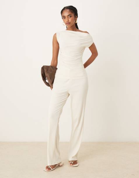 Vila wide leg ribbed trouser co-ord in cream - view 1