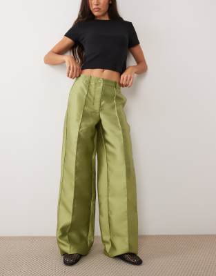 Vila Wide Leg Seam Detail Tafetta Pants In Green