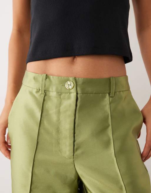 Vila wide leg seam detail satin pants in olive green, 5 of 5