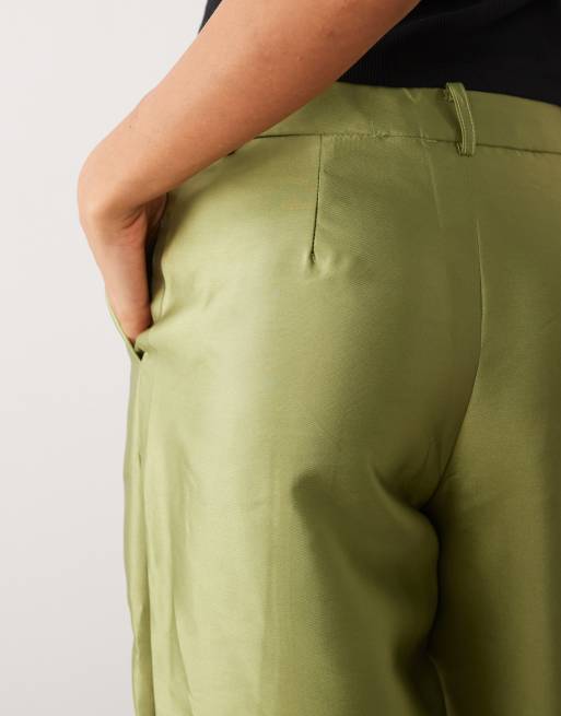 Vila wide leg seam detail satin trousers in olive green, 3 of 5