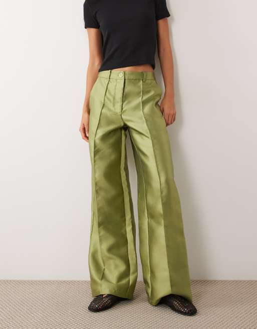 Vila wide leg seam detail satin trousers in olive green, 4 of 5