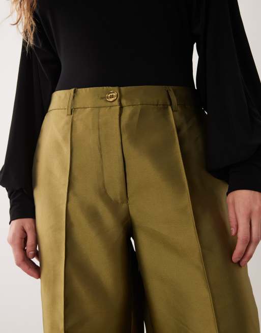 Vila wide leg seam detail satin trousers in sage green, 3 of 5