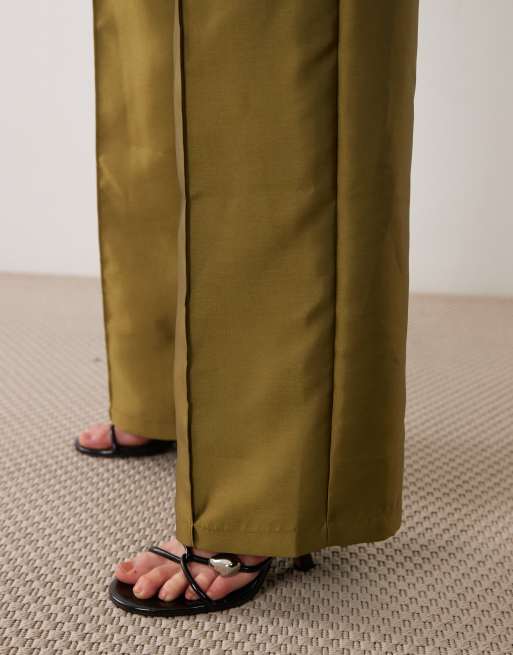 Vila wide leg seam detail satin trousers in sage green, 4 of 5