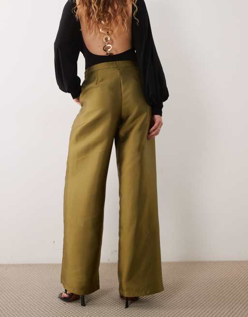 Vila wide leg seam detail satin trousers in sage green, 5 of 5