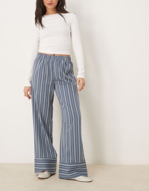 Vila wide leg stripe trouser with deep cuff detail in blue
