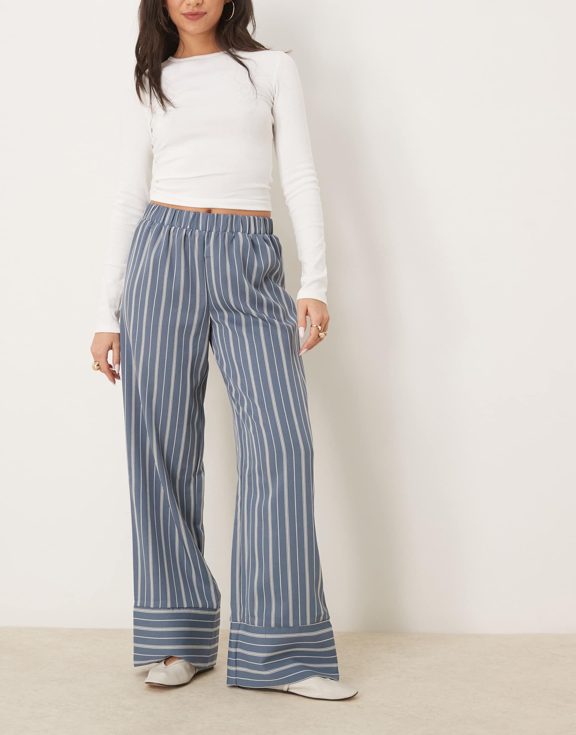 vila wide leg striped pants with deep cuff detail in blue