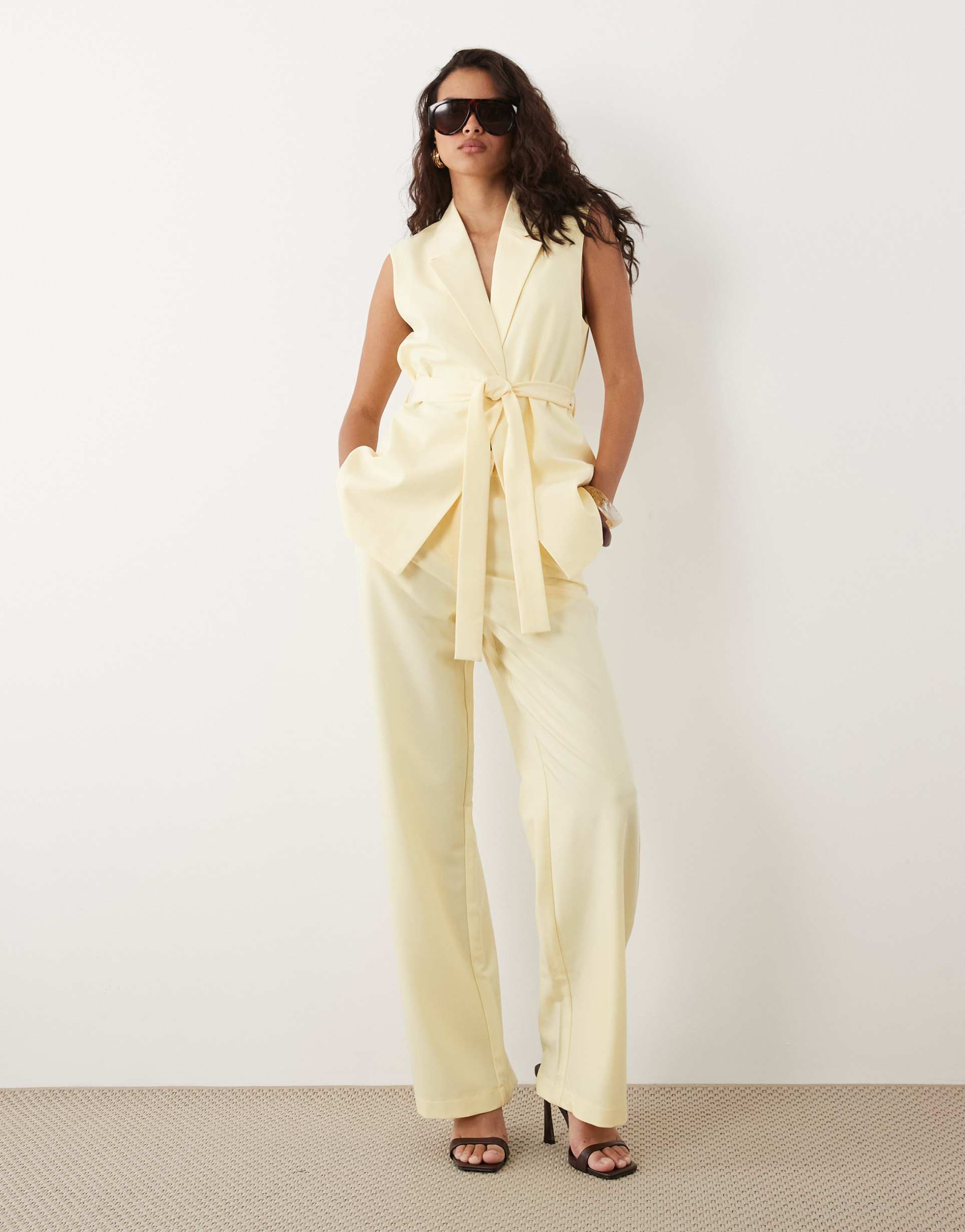 vila wide leg tailored pants in pastel yellow - part of a set