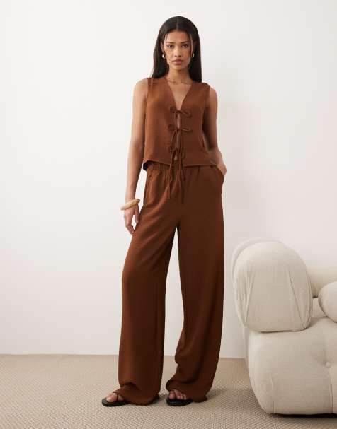 VILA wide leg textured pants in carafe brown - part of a set - view 1