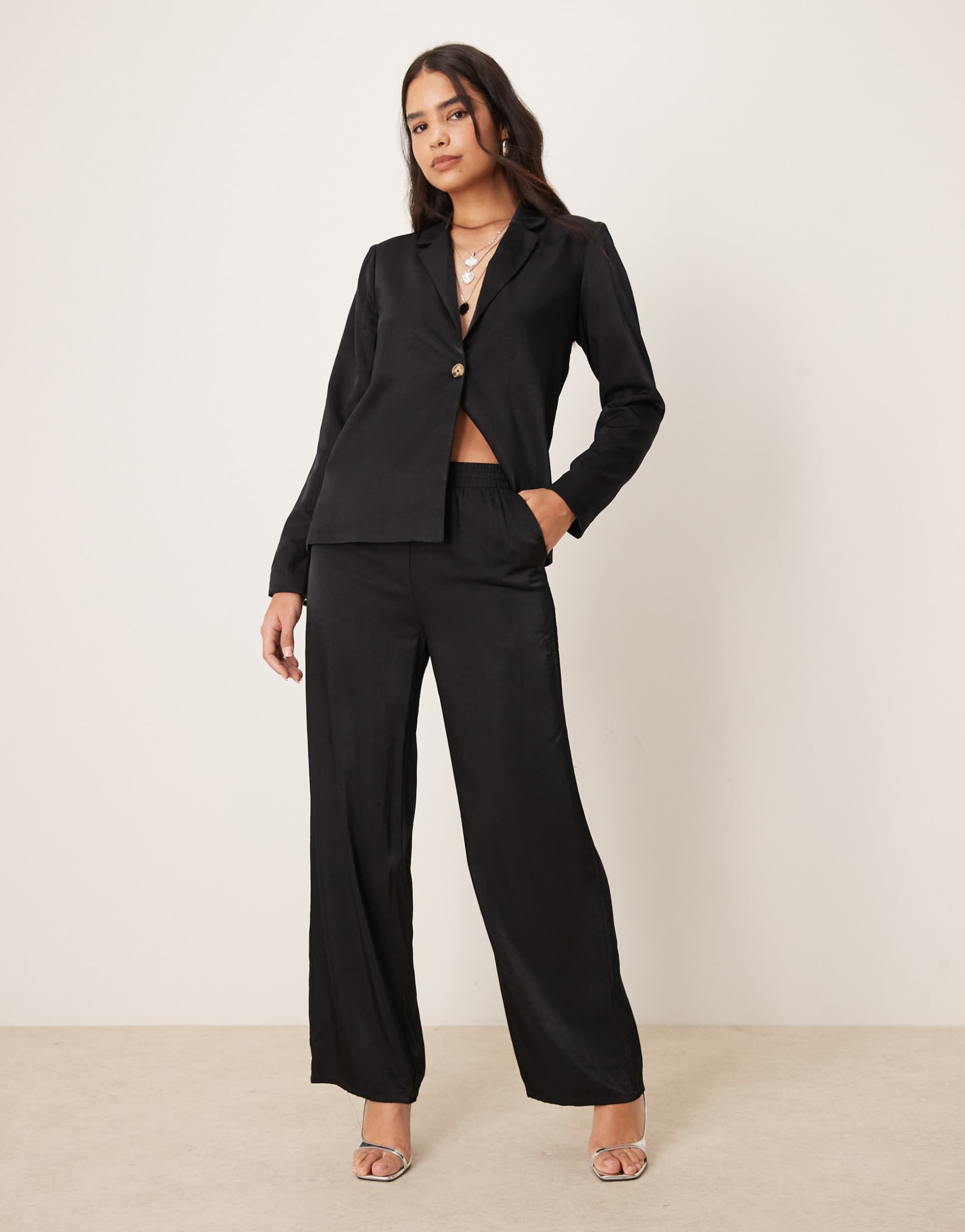 vila wide leg tie waist pants in black - part of a set