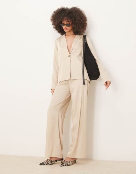 VILA wide leg tie waist pants in oatmeal (part of a set) - view 1