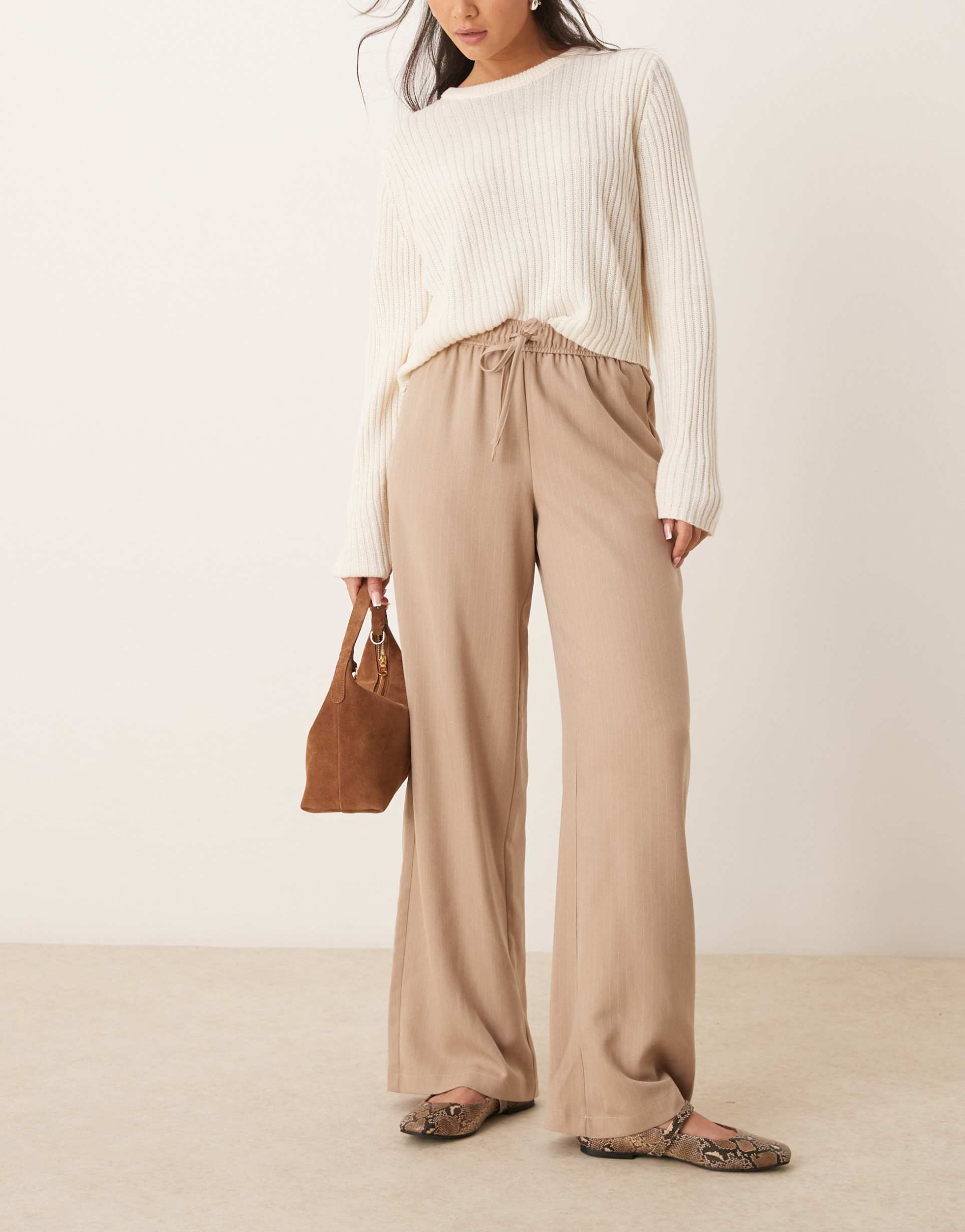 vila wide leg tie waist pants in tan and white pinstripe