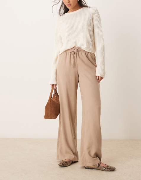 Vila wide leg tie waist trouser in tan and white pinstripe - view 1