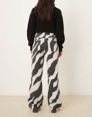 Vila Wide Leg Zebra Print Jeans In Black