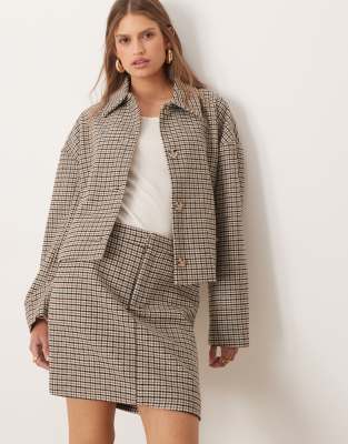 Vila Wool-textured Houndstooth Plaid Mini Skirt In Neutral