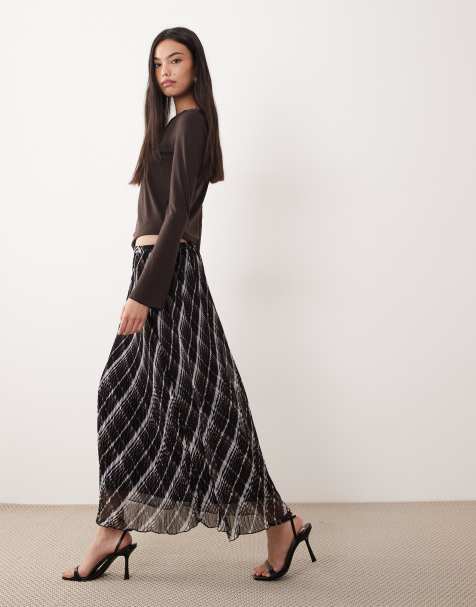 Vila woven plissé midi skirt in brown and pastel plaid - view 1