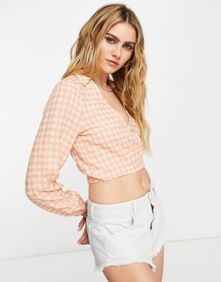 Vila wrap blouse in pink and yellow gingham check