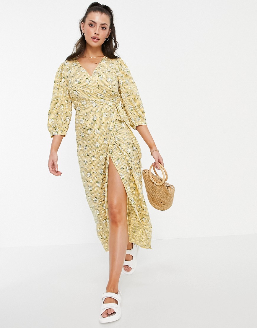 Vila wrap dress with 3/4 balloon sleeve in yellow floral-Multi