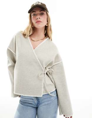 wrap front cardigan with contrast stitch in cream-Neutral