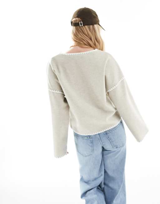 Vila wrap front cardigan with contrast stitch in cream, 4 of 4