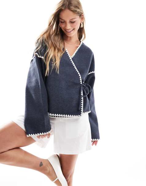 Vila wrap front cardigan with contrast stitch in navy - view 1