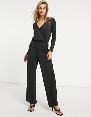 Vila wrap front jumpsuit in black | ASOS