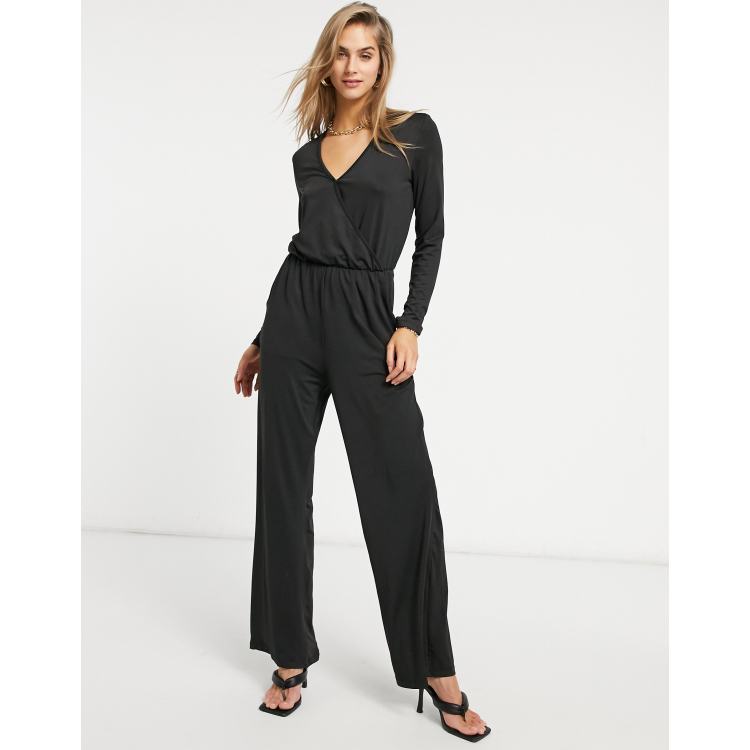 Black wrap front sales jumpsuit