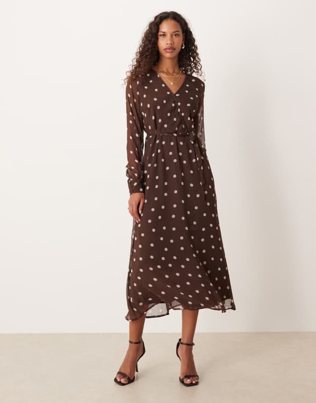 brown and white polka dot wrap dress Vila front midi in dots Guess Elegant Black Dress january_2024_mailer Color:Blue Sealace Sleeveless with a rounded