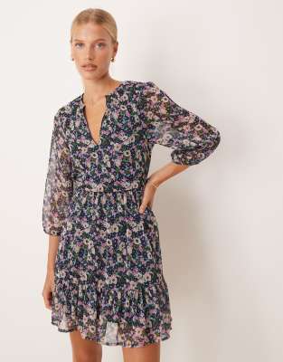 wrap front mini dress in dark based floral-Navy