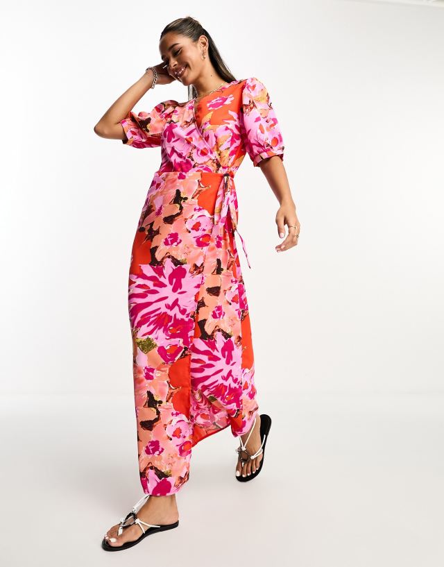 Vila - wrap maxi dress in abstract pink print