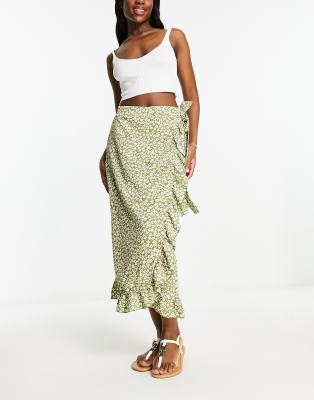 Vila wrap midi skirt with frill detail in green ditsy floral