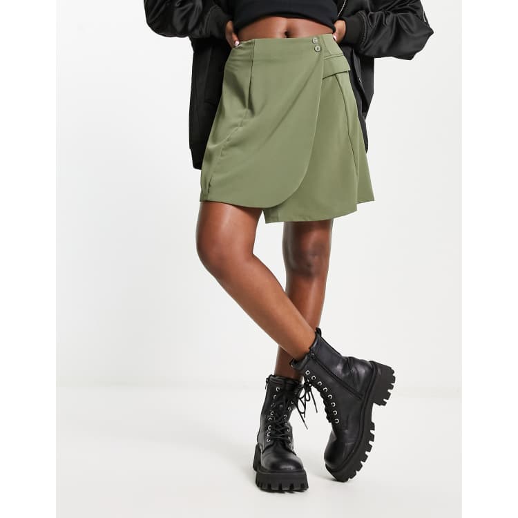 Vila wrap style mini skirt with button detail in olive ASOS