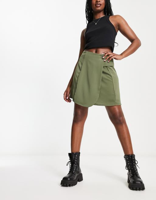 Vila wrap style mini skirt with button detail in olive