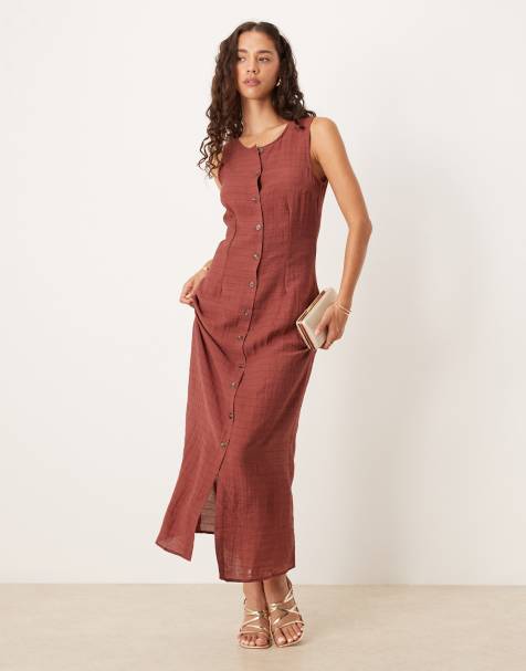 Vila button front midi dress in burnt henna check