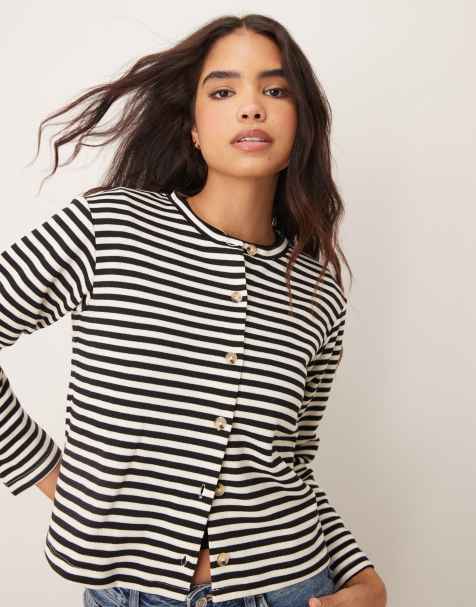 Vila button up cardigan in black and white stripe