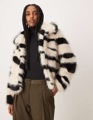 Vila Zebra Print Faux Fur Short Jacket In Black