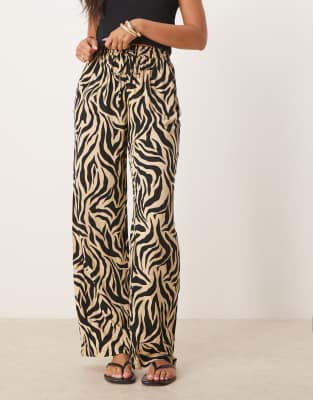 zebra print wide leg pants in off white
