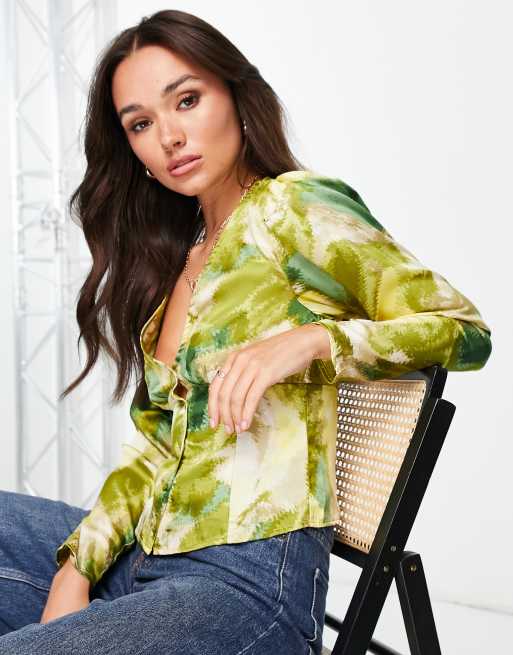 Vila – Zielona bluzka z dekoltem w szpic i efektem tie-dye, 2 z 4