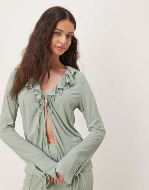 Vila textured ruffle tie front jersey top co-ord in milieu green