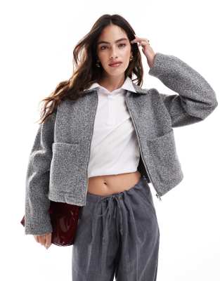 Shop Vila zip front wool bomber jacket in medium grey melange Online – Trendy & Affordable Fashion