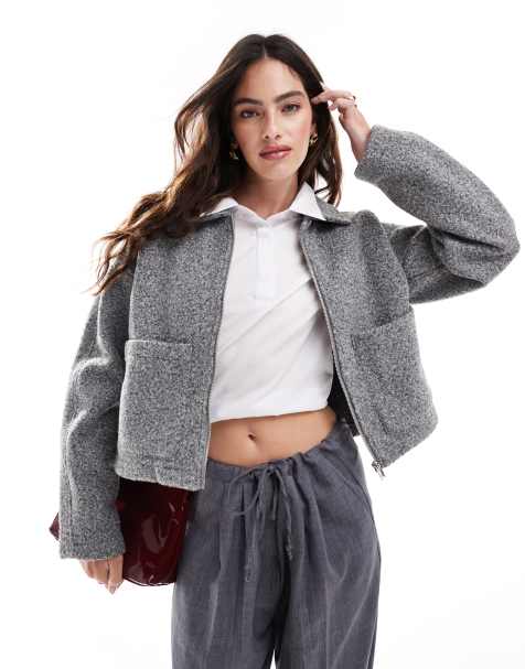 Vila zip front wool look bomber jacket in medium gray melange - view 1