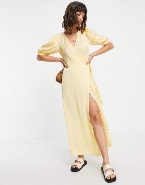 Vila midi wrap dress in yellow with white polka dot