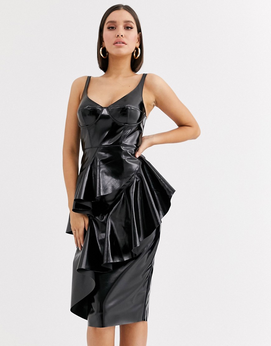 фото Виниловое премиум-платье миди с чашечками и каскадной драпировкой asos design-черный