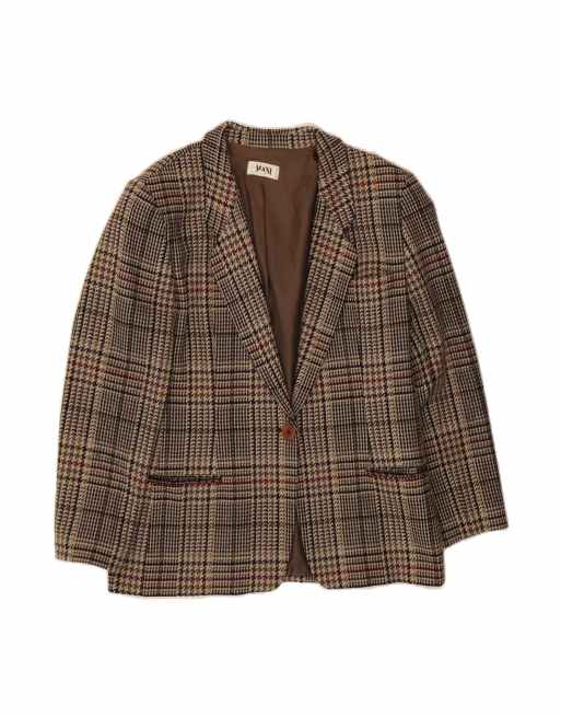 Vintage 1 Button Blazer Jacket It 46 Large In Brown Check Wool