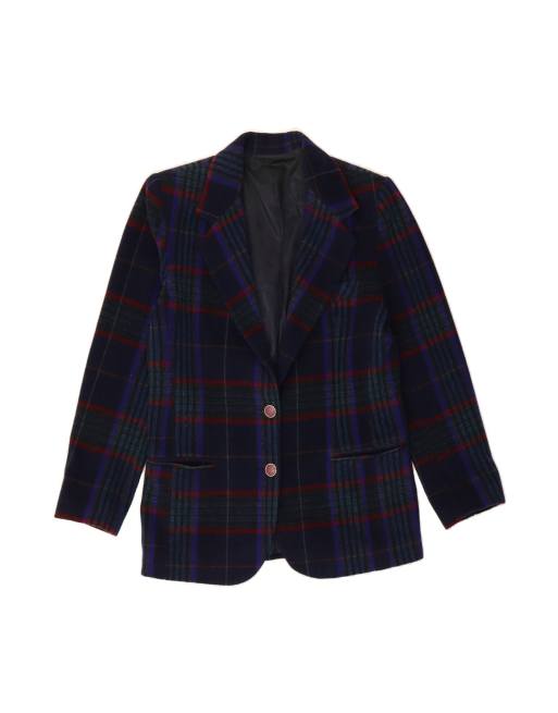 Vintage 2 Button Blazer Jacket UK 14 Large In Blue Check Wool