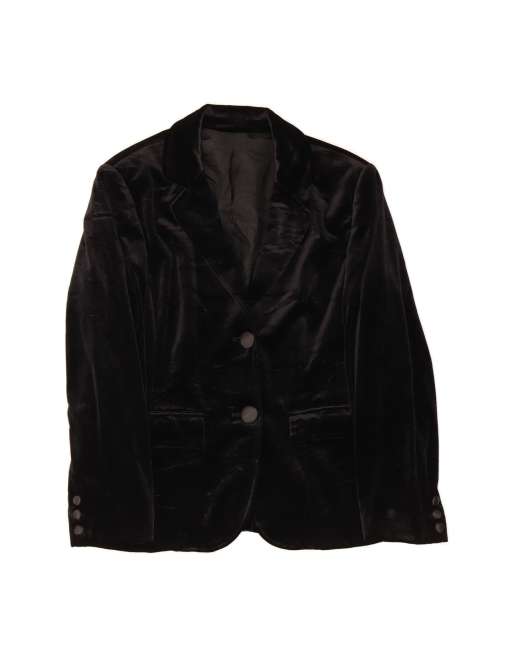 Vintage 2 Button Velour Blazer Jacket UK 14 Large In Black