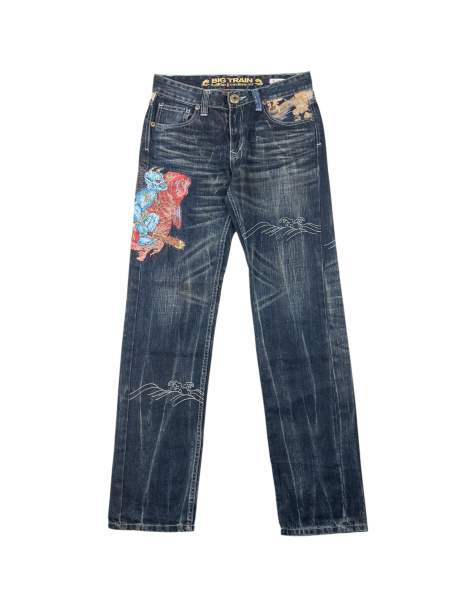 Vintage 2000s Big Train embroidered patchwork Japanese denim jeans size W30 in navy - view 1