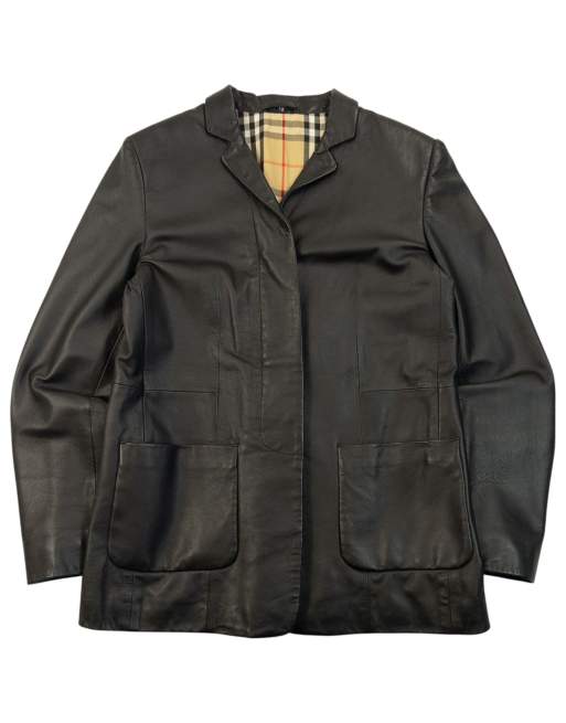 Vintage 2000s Burberry Nova Check Lined Leather Jacket Size S, 1 of 4
